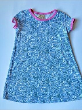 Beaufort Bonnet Co Blue Wave Print Kids Play Dress with Pink Trim